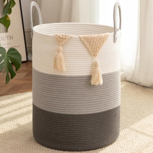 OIAHOMY Large Laundry Basket Hamper - 60L Cotton Rope Woven Basket for Blankets, Toys, Clothes - Tall Decorative Nursery Hamper with Long Handles, Gradient Grey - color: Gradient Grey, size: 60L