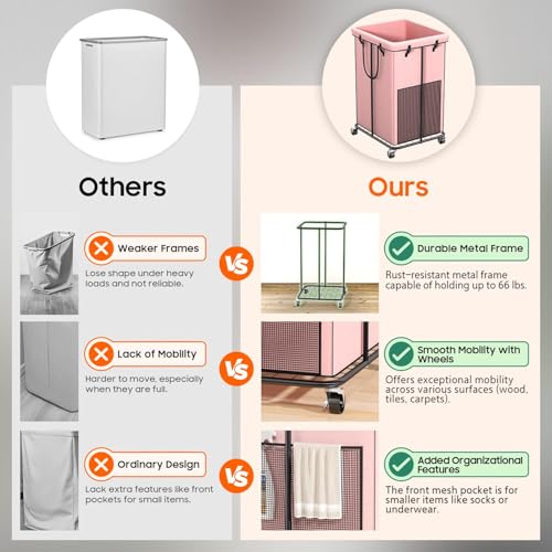 150L Laundry Hamper with Wheels, Rolling Laundry Basket with Metal Frame and Removable Bag, Large & Tall Dirty Clothes Hampers for Bedroom Aesthetic, Laundry Room, Bathroom, Dorm-Pink - color: Pink, size: 40GAL