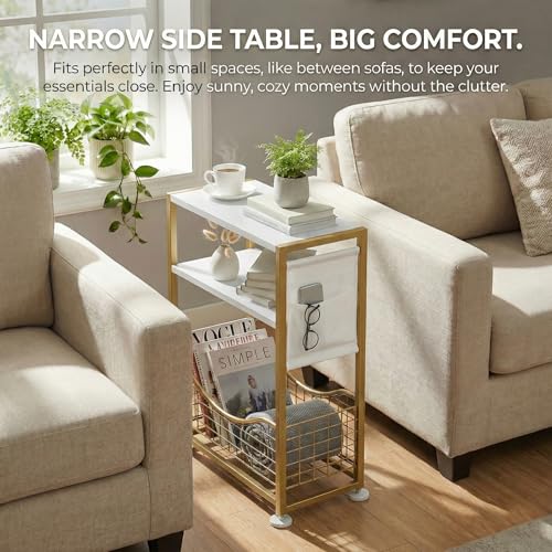 Skinny Side Table with Storage, 3 Tier Slim Side Tables for Small Spaces, Skinny End Table Narrow Bedside Table Narrow Side Table for Living Room, Bedroom - color: White Gold