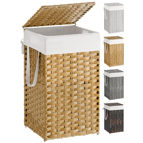 SONGMICS Laundry Hamper with Lid, 17.2 Gallon (65 L) Synthetic Rattan Clothes Laundry Basket with Lid and Handles, Foldable, Removable Liner, Goose Yellow ULCB165N01 - color: Goose Yellow, size: 65 L