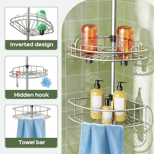 HAMITOR Corner Shower Caddy Tension Pole: 4-Tier Rust-Resistant Adjustable Bathroom Organizer Shelves - 47-121 Inch No-Drill Quick Installation - Space-Saving Storage for Renters Family - Silver Gray - color: Silver Gray