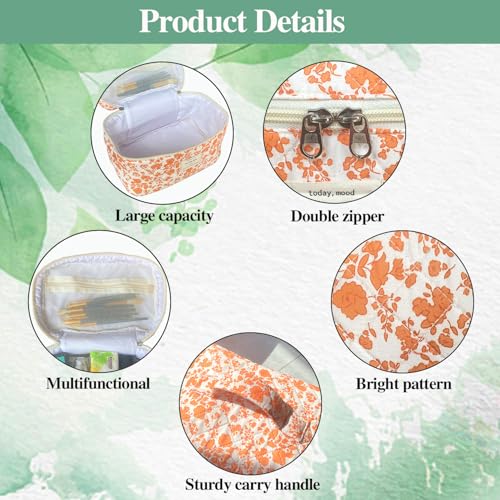 Orange Large Quilted Floral Makeup Bag Cute Soft Coquette Aesthetic Cosmetic Bag Cotton Travel Toiletry Bag for Women - color: A-Orange