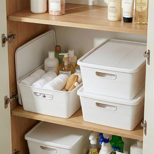 BINO | Plastic Storage Bins with Lids, 13 Liter - 3 Pack, White | THE BRAIDED COLLECTION | Plastic Bins for Organization Woven Storage Baskets for Organizing Pantry Shelf Organizer Basket Bin - color: White, size: 13L | 3-Pack