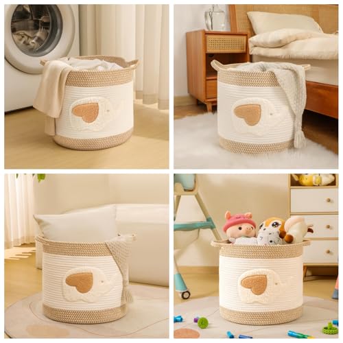 Large Blanket Baskets for Living Room Decor, Toy Storage Baskets Woven Cotton Rope Storage Basket for Kids, Dog Toys Organizer Clothes Hamper with Embroidery Decor for NurseryLaundry (Large, Elephant) - color: Elephant, size: Large