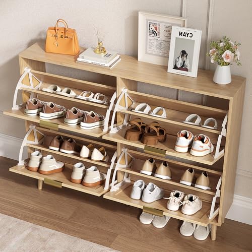 BORNOON Shoe Cabinet for Entryway with 4 Flip Drawers, Slim Wooden Shoe Storage Organizer with Modern Fluted Pannel，Freestanding Narrow Hidden Shoe Rack for Hallway, Foyer, Living Room - color: Oak, size: 4 Flip Drawers