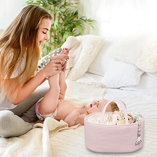 Large Baby Diaper Caddy Organizer for Girl Boy Rope Nursery Storage Bin Basket Portable Holder Tote Bag for Changing Table Car Travel Baby Shower Gifts Newborn Essentials Registry Must Haves Pink - color: Light pink, size: Large