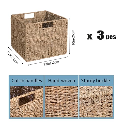 Seagrass Storage Baskets, 12X12X10in Cube Wicker Storage Basket for Shelves, Pantry Baskets Organization and Storage, Kitchen Storage Baskets, Bathroom Shelves Storage Basket Set of 3 - color: Seagrass