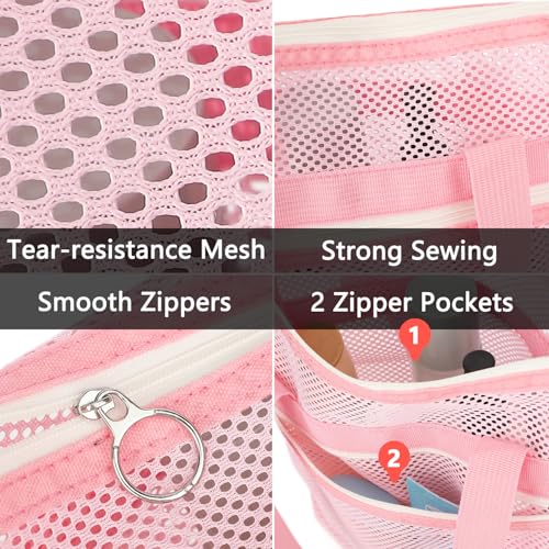 Fammart Mesh Shower Caddy Portable with Zipper & 2 Pockets - Quick Dry Shower Caddy Hanging for Travel Gym Camp Beach - Organizer Bag Bathroom Essentials for College Dorm - color: Small, Zipper Closure - Pink