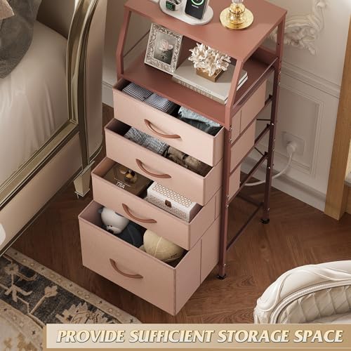 WLIVE 4 Drawer Dresser for Bedroom, 37" H Nightstand with Charging Station and Led Light, Tall Night Stand Bed Side Table, End Table with USB Ports and Outlets, Fabric Bins, Wood Shelf, Pink - color: Pink, size: 4 Drawers