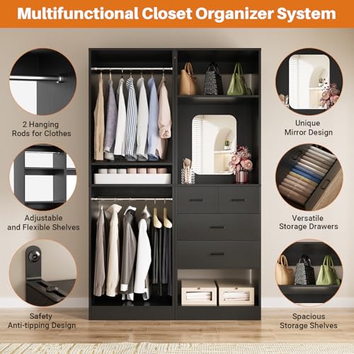Unikito 50” Closet System with 4 Drawers, 4.2FT Wood Closet Organizer with Hanging Rods and Mirror, Reversible Small Walk in Closet Wardrobe, Adjustable Sturdy Clothes Garment Rack, Set of 2, Black - color: Black, size: 50 Inch