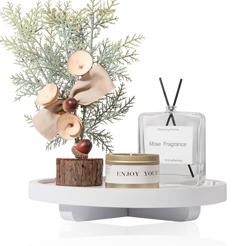 Round Decorative Tray Wood Bathroom Counter Organizer Farmhouse Kitchen Decor Wooden Riser for Soap Dish, Perfume, Candle, Sponge, 9" - White - color: White, size: 9"