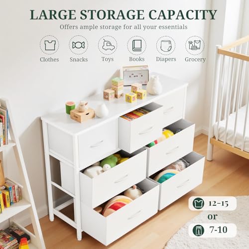 7-Drawer Dresser for Bedroom, Anti-Tip Wide Storage Organizer Fabric Chest of Drawers TV Stand for 45" TV with Wooden Top and Metal Frame for Closet, Living Room, Hallway, Entryway, White - color: White, size: 11.8"D x 39.3"W x 30.3"H (7 Drawers)