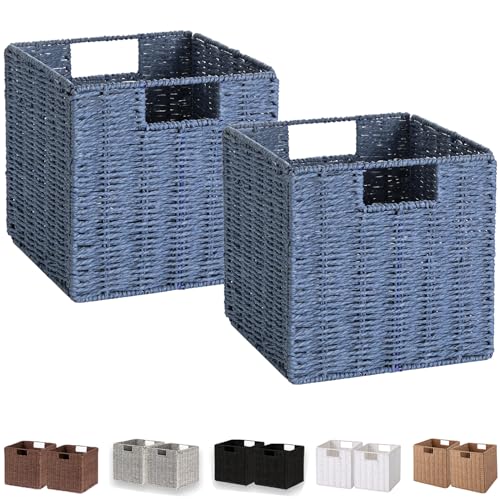 Vagusicc Wicker Basket, Set of 2 Hand-Woven Paper Rope Storage Baskets for Organizing, Foldable Cubby Storage Bins, 9 Inch Small Wicker Storage Basket, Square Baskets Cube Storage Organizer Bins, Blue - color: Dark Blue, size: 9'' x 9'' x 9''