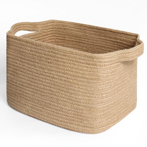 MEGASKET Wicker Basket for Storage, 15"x11"x9" Woven Basket with Handle, Rectangular Cute Storage Bin for Books, Shoes, Clothes, Towels, Decorative Gift Bin Empty, Stuffed Animal Organizer, Home Decor - color: Jute