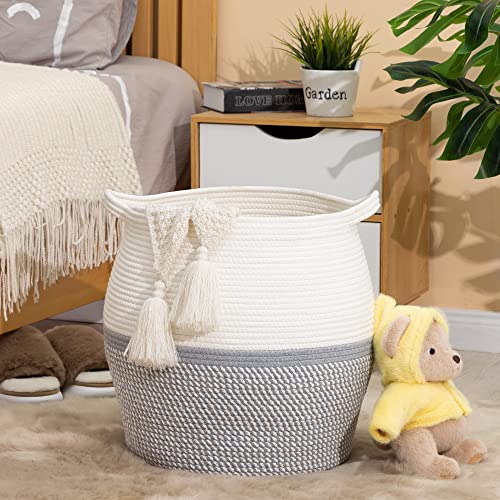KAKAMAY Woven Baskets for Storage(17"x17"),Large Cotton Rope Woven Baby Laundry Hamper,Collapsible Laundry Basket, Blanket Basket for Organizing Living Room,Nursery,Pillows,Toy Chest(Grey) - color: Grey