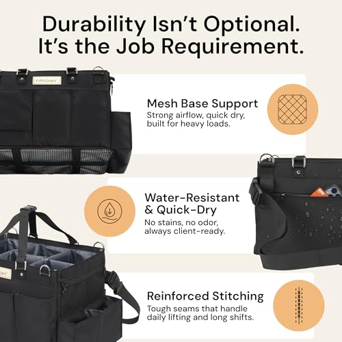 FifthStart Multiuse Cleaning Caddy w/Waist & Shoulder Strap - 9 Pockets Tote Bag for Housekeeping Gardening Fishing Bathroom Organizer Adjustable Compartments, Black Large Caddy Organizer with Handle - color: Black, size: Large