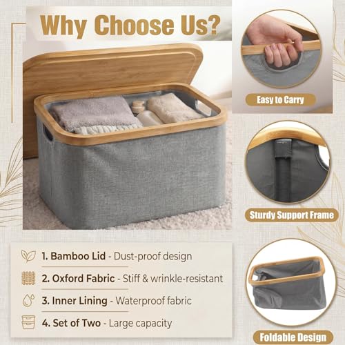 Novabright 2 Pcs Collapsible Storage Basket with Bamboo Lids 15" x 10" Foldable Fabric Storage Bins with Handles for Organizing Shelves Closet Laundry Room Bathroom Clothes Towel(Gray) - color: Gray