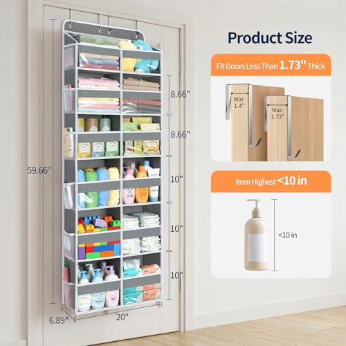 Yecaye Over The Door Organizer, 6 Tier Extra Large Behind Door Storage of 12 Compartments, 80lbs Heavy Duty Door Organizer Hanging with Clear Window for Closet Bedroom Pantry Bathroom, Grey - color: Grey, size: 6 Tier