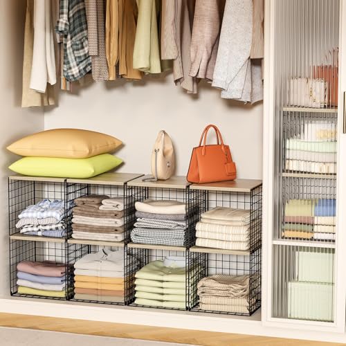Hencawima 4-Tier Stackable Closet Organizers and Storage, Dual-Layer Reinforced Clothing Cube Shelves with Wood Tops, Sturdy Clothes Storage Bins & Shelf Basket for Wardrobe, Closet Organizer System