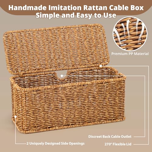 Handmade Cable Management Box, Imitation Rattan Cord Organizer Cord Hider Box, Desk Cord Management Box to Hide Cords and Power Strip L12.5 W5 H5.2 CB2412 Deep Speckled Brown - color: Speckled Brown, size: 1 Pack (M)