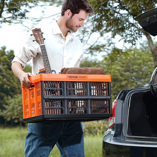 VEVOR Plastic Collapsible Storage Basket, 45L 3 Packs, Folding Stackable Storage Containers/Bins with Handles, Large Heavy Duty Containers for Clothes, Toys, Books, Snack, Shoes and Grocery Organizing - size: 45L-Orange&Black
