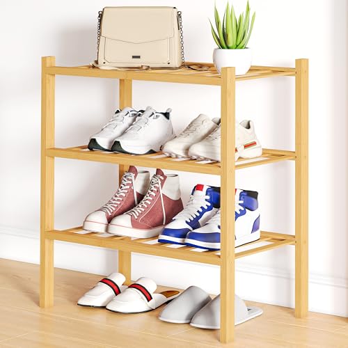 Smiry Shoe Rack, 3 Tier Small Bamboo Shoe Organizer, Stackable Free Standing Wooden Shoe Storage Shelf for Closet, Entryway, Front Door Entrance, Natural - color: Natural, size: 17.32" Wide - 3 Tier - Regular
