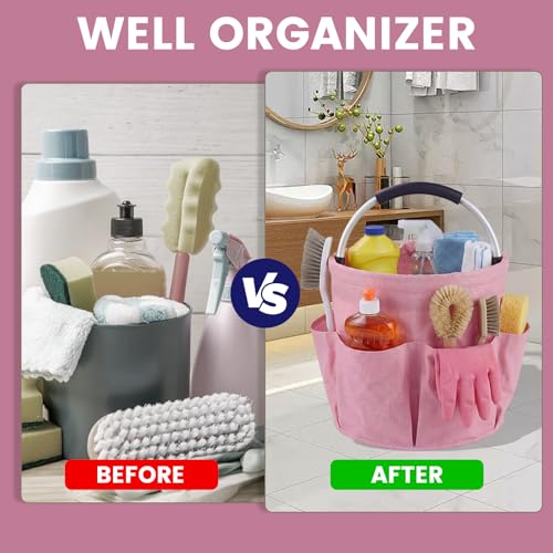 Cleaning Caddy with Handle and 6 Pockets, 17L Cleaning Supplies Organizer, 600D Oxford Fabric Storage Basket, Multifunctional Bucket Bag for Picnics, Camping, Gardening, Bathing (Pink) - color: Pink