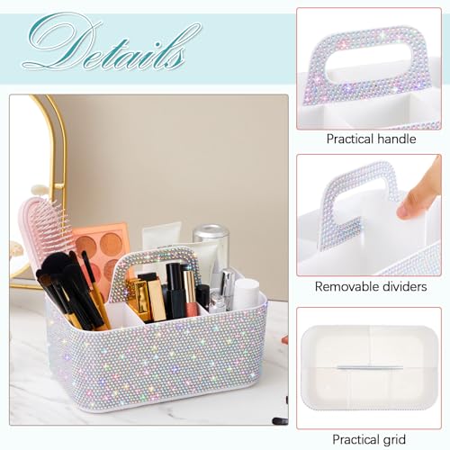 Marspark Bling Makeup Caddy Organizer with Handle, Sparkly Art Craft Holder, Glitter Bathroom Hair Caddy, Shimmer Pen Pencil Holder for Women Desk Organizer, Bling Gifts for Women(White,AB Diamond) - color: White, style: AB Diamond