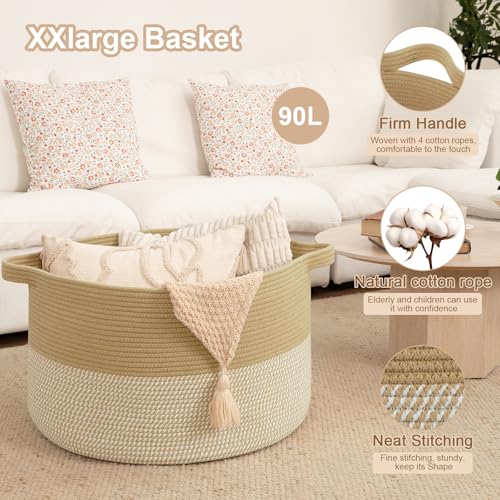 OIAHOMY 90L XXXLarge Blanket Basket for Living Room, 21.7" x 13.8" Woven Cotton Rope Laundry Basket for Organizing Pillows, Decorative Stuffed Animal Toy Storage Bin for Nursery, Jute and White - color: Jute and White, size: 21.7"D x 13.8"H