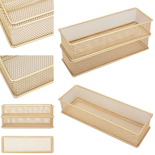 Annova Mesh Stackable Drawer Cabinet and Shelf Organizer Bins Storage Basket School Office Supply Holder Tray- Set of 2 (Gold, 3x9x2 Inch) - color: Gold, size: 3x9x2 Inch