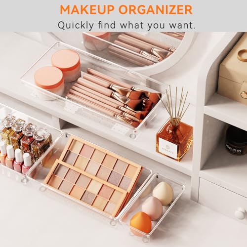Criusia 16 Pack Large Clear Plastic Drawer Organizer Bins - 5 Size Acrylic Bathroom and Vanity Organizers and Storage Trays for Makeup Office Home, Kitchen Drawer Organizer for Utensils, Gadgets - size: 16 Pack