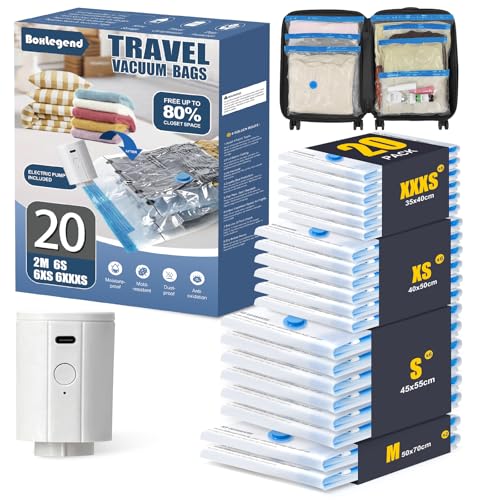 BoxLegend 20 Pack Travel Vacuum Storage Bags with Wireless USB Electric Pump (1200mAh) 4 Sizes for Luggage, Suitcase & Backpack Must-Have Travel Essentials Save 80% Space for Clothes & Packing - size: TRAVEL 20 PACK-Electric Pump