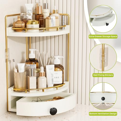 2-Tier Corner Bathroom Counter Organizer with Drawer & Embedded Screw Holes - Wooden Countertop Organizers for Skincare, Makeup Storage, Bathroom Sink Counter Shelf for Vanity, Kitchen, White Gold - color: White Gold