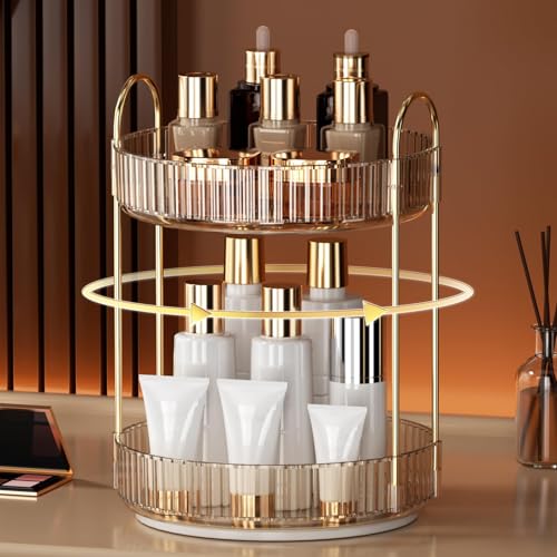 YCIA&DONE 360 Rotating Makeup Organizer and Storage for Vanity Countertop 2 Tiers, High Capacity Cosmetic Skincare Perfume Organizers for Dresser Bathroom Lazy Susan (Amber Gold) - color: Amber Gold, size: 9" (2 Tiers)