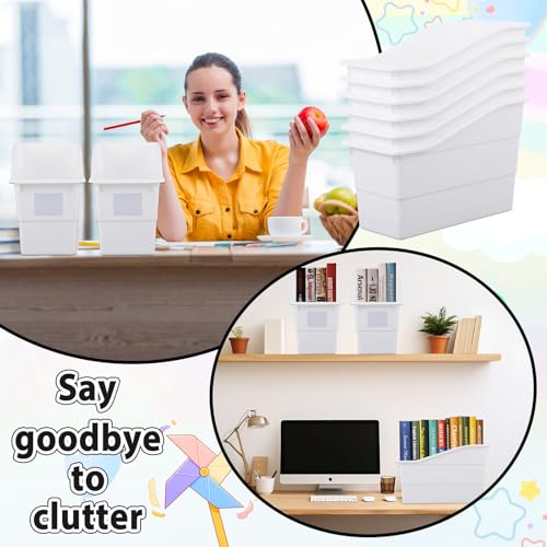 12 Pack Large Book Bins, Durable Magazine Organizer File Holder High-Quality Plastic Book Storage Bins with Labels for Classroom Library, Office, Desktop Organization, Bookshelf Categorization (White) - color: White