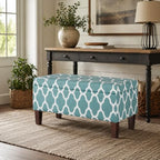 HomePop Large Upholstered Rectangular Storage Ottoman Bench with Hinged Lid, Teal Blue Geometric - color: Teal Blue Geometric