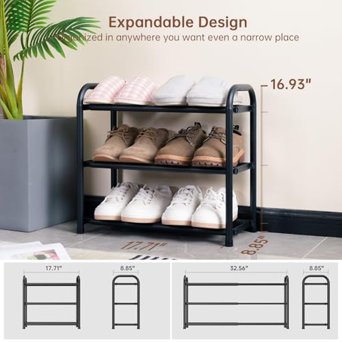 Gonfoam 3-Tier Expandable Shoe Rack,Adjustable Shoe Shelf Storage Organizer Heavy Duty Metal Free Standing Shoe Rack for Entryway Closet Doorway (Black) - color: Black, size: 3 Tier