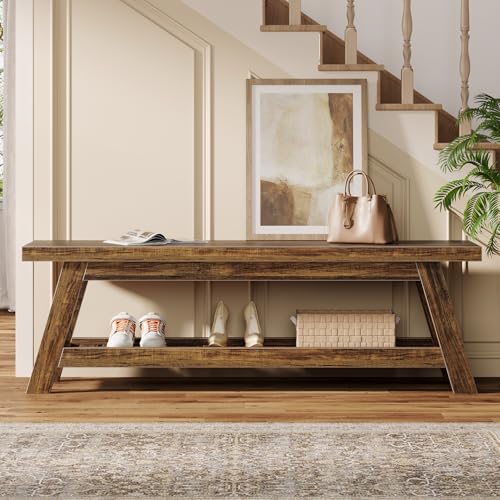 Tribesigns 55" Large Wood Entryway Bench with Shoe Storage, 2-Tier Rustic Brown Narrow Hallway Foyer Seating Bench with Open Shelves for Entryway, Bedroom, Mudroom - color: Rustic Brown