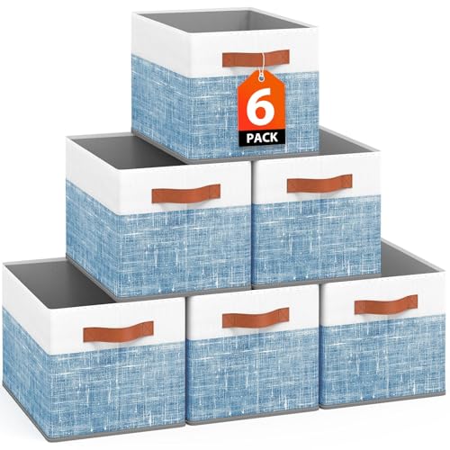Fab totes Collapsible Storage Baskets for Shelves,14"x10", 6 Pack Foldable Fabric Storage Bins with Double Leather Handles, Large Baskets for Organizing Books, Clothes, White & Blue - color: Blue, size: 6pack