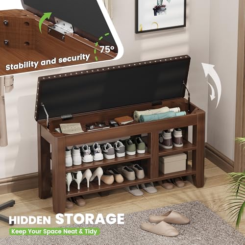Shoe Bench for Entryway, Solid Rubberwood Shoe Bench with Hidden Storage, Adjustable 2-Tier Shelves & Soft PU Leather Seat, Shoe Rack Durable Easy Assembly for Hallway or Bedroom - Brown, 39.4" - color: Brown, size: 39.4"W x 11.82"D x 20.47"H