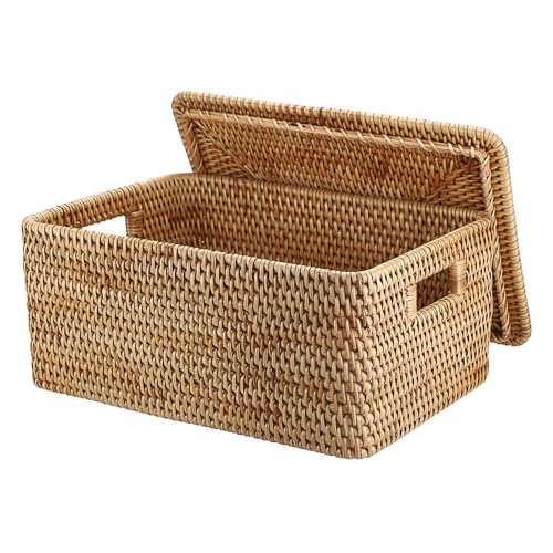 Hipiwe Rattan Basket With Lid Rectangular Lidded Basket Natural Hand-Woven Wicker Storage Basket Bin for Shelf Organizing Picnic Food Bread Table Storage Basket, 15.1 x 11.2 x 7.3 inch - size: 15.1"L x 11.2"W x 7.3"H