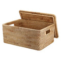 Hipiwe Rattan Basket With Lid Rectangular Lidded Basket Natural Hand-Woven Wicker Storage Basket Bin for Shelf Organizing Picnic Food Bread Table Storage Basket, 15.1 x 11.2 x 7.3 inch - size: 15.1"L x 11.2"W x 7.3"H