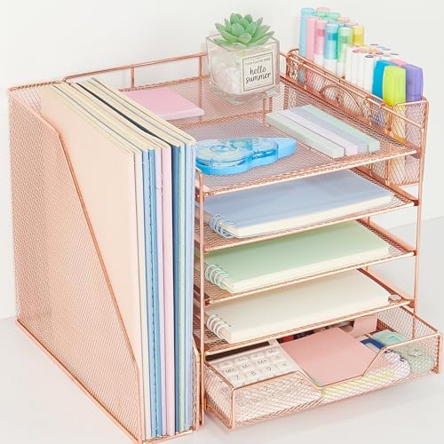 Desk Organizer, 5-Tier Paper Letter Tray Organizer with File Holder, Drawer and Pen Holder, Desktop Organizer for Office Supplies, Rose Gold - color: Rose Gold