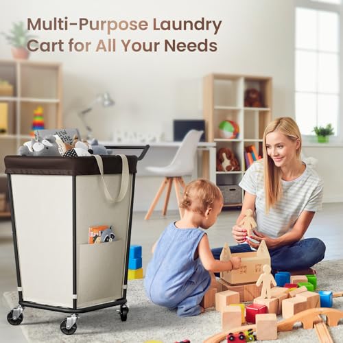 160L Laundry Hamper with Wheels and Handle, 2-Section Rolling Hamper for Laundry, Large Laundry Basket with Wheels, Rolling Laundry Basket Clothes Hamper for Home, Bathroom and Dorm(Beige) - color: Beige-2 Section with Handle, size: 160L