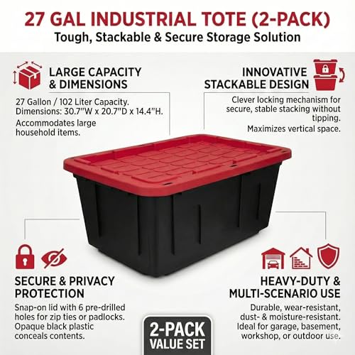 27 Gal Industrial Tote,2 Pack Plastic Storage Bins with Lids Tough Large Storage Bin,Black with Red Lid Plastic Storage,Stackable & Nestable for Garage, Basement, or Outdoor (2 Pack) - size: 2 Pack