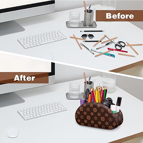 Remote Control Holders Organizer Box with 5 Compartment PU Leather Multi-functional Office Desk Storage Caddy Store Tv Remote for Media Player,Brush,Pencil,Glassees&Office Supplies (Brown+KhakiF) - color: Brown+KhakiF, size: S
