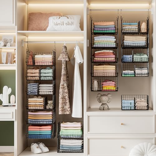 6 Tier Extra Large Hanging Storage Organizer,Hanging Closet Shelves with Dividers,Closet Organizer Wire Shelf with 5 S Hooks,Bedroom,Laundry Storag-Black - color: Black, size: 6-Tier