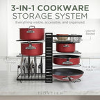 7-Tier Pots and Pans Organizer Under Cabinet - Cooking Pot Lid Organizer for Cabinet with Basket for Utensils, Lid Rack - Adjustable Vertical Holder Cookware Storage, Steel Pot Rack for Kitchen