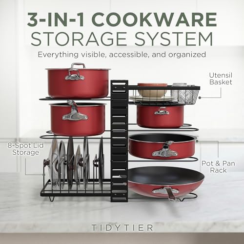 7-Tier Pots and Pans Organizer Under Cabinet - Cooking Pot Lid Organizer for Cabinet with Basket for Utensils, Lid Rack - Adjustable Vertical Holder Cookware Storage, Steel Pot Rack for Kitchen
