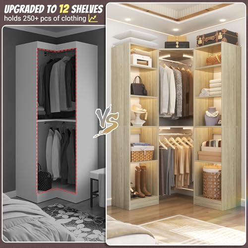 Besiost Corner Closet System with 12 Shelves, 39.2" Corner Closet Organizer System with 2 Hanging Rods, Versatile 6-Tier Walk-in Closets for Corner Space, White Oak (39.2" L x 39.2" W x 80" H) - color: White Oak, size: 39.2" - Without Lights